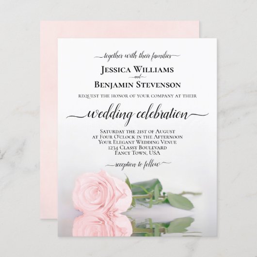 リフレクションピンクローズバジェット結婚式招待状 (正面/裏面)