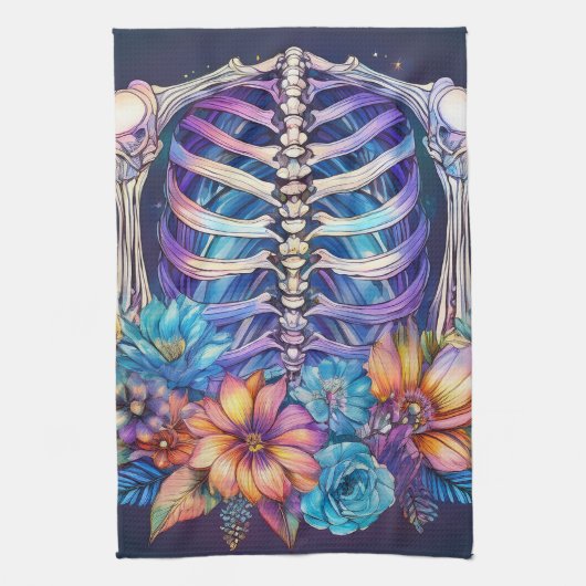 リブケージと花デザイン キッチンタオル (縦)