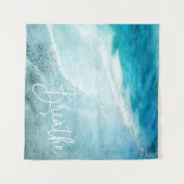 リブヨガ引用文レトロビーチティール（緑がかった色）ブルー海 タペストリー (正面(横))