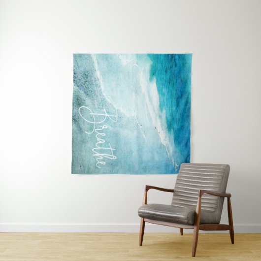 リブヨガ引用文レトロビーチティール（緑がかった色）ブルー海 タペストリー (インサイチュ(横))