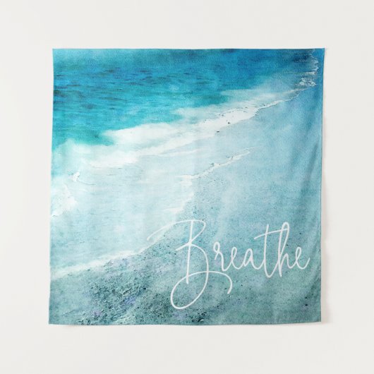 リブヨガ引用文レトロビーチティール（緑がかった色）ブルー海 タペストリー (正面)