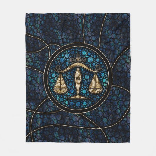 リブラ〔占星術の〕十二宮図ドットアートスタイルアワロン金ゴールド フリースブランケット (正面)