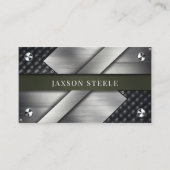 リベット止めされたブラッシュドメタルとオリーブグリーン 名刺 (正面)