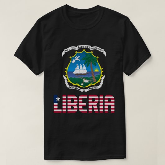 リベリア国旗と紋章の愛国心 Tシャツ (デザイン正面)