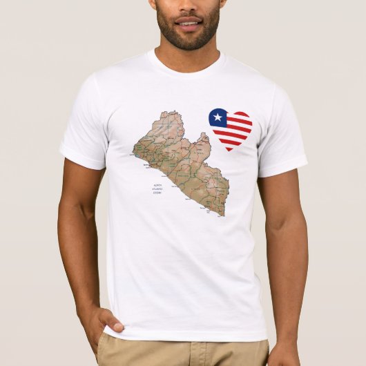リベリア国旗のハートと地図Tシャツ Tシャツ (正面)