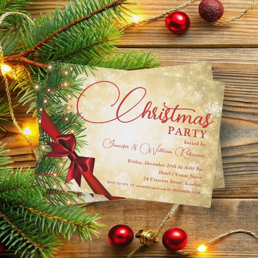 リボエレガントン&パイン金ゴールドクリスマスホリデー 招待状