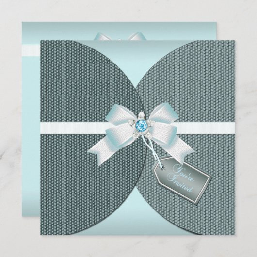 リボンおよび宝石で飾られた弓とのかわいらしいティール(緑がかった色)の招待 招待状 (正面/裏面)