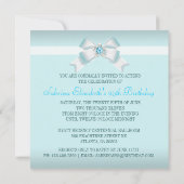 リボンおよび宝石で飾られた弓とのかわいらしいティール(緑がかった色)の招待 招待状 (裏面)