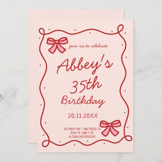 リボンお洒落誕生日の招待 招待状 (正面/裏面)