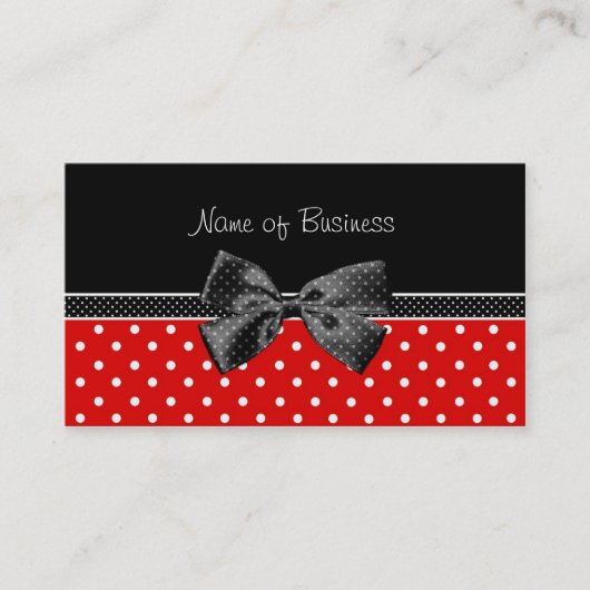 リボンが付いている粋で黒くおよび赤い水玉模様 名刺 (正面)