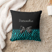 リボンが付いている粋な黒およびティール(緑がかった色)のシマウマのプリント クッション (ブランケット)