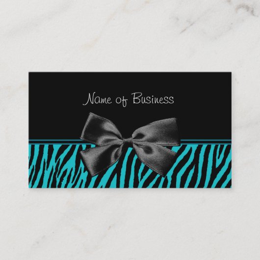 リボンが付いている粋な黒およびティール(緑がかった色)のシマウマのプリント 名刺 (正面)