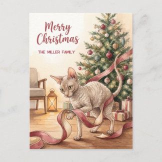 リボンで遊ぶかわいいくるくる猫のクリスマス シーズンポストカード