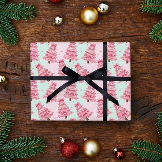 リボンで飾られたピンクのクリスマスツリー ラッピングペーパー