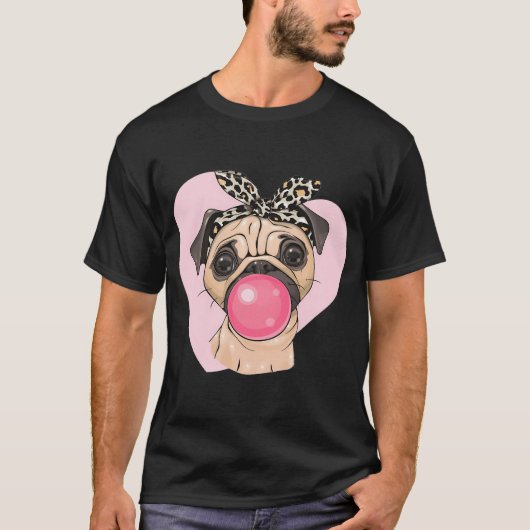 リボンとしゃぼん玉の可愛いパグのキャラクター女子 Tシャツ (正面)