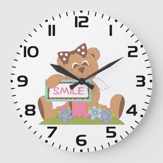 リボンとスマイルのサインを持つテディベア ラージ壁時計 (正面)