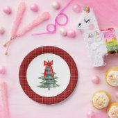 リボンとチェック柄のクリスマスツリー ペーパープレート (パーティー)