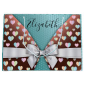 リボンとハートのドットが付いたギフトバッグ ラージペーパーバッグ (正面)