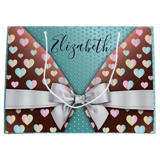 リボンとハートのドットが付いたギフトバッグ ラージペーパーバッグ (正面)