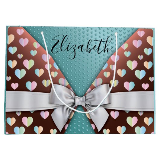 リボンとハートのドットが付いたギフトバッグ ラージペーパーバッグ (裏面)