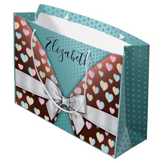 リボンとハートのドットが付いたギフトバッグ ラージペーパーバッグ (裏面アングル)