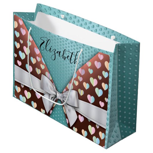 リボンとハートのドットが付いたギフトバッグ ラージペーパーバッグ (正面アングル)