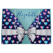 リボンとハートの斑点が付いたエレガントなギフトバッグ ラージペーパーバッグ (正面)