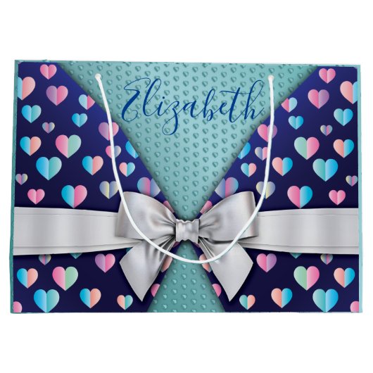 リボンとハートの斑点が付いたエレガントなギフトバッグ ラージペーパーバッグ (裏面)