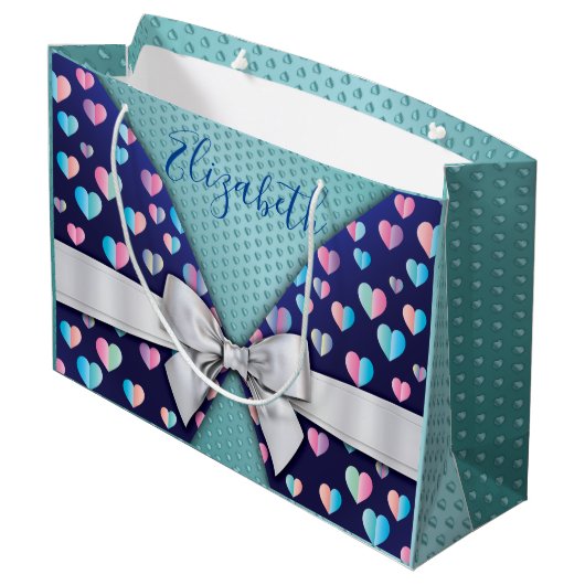 リボンとハートの斑点が付いたエレガントなギフトバッグ ラージペーパーバッグ (裏面アングル)