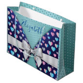リボンとハートの斑点が付いたエレガントなギフトバッグ ラージペーパーバッグ (正面アングル)
