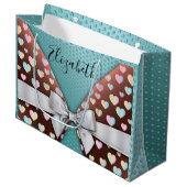 リボンとハートの斑点が付いたギフトバッグ ラージペーパーバッグ (正面アングル)