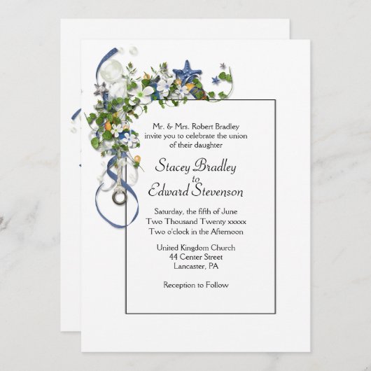 リボンとヒトデの泡結婚式招待状 招待状 (正面/裏面)