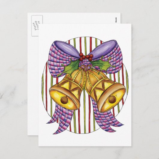 リボンとボウが付いたキュートなクリスマスジングルベル シーズンポストカード (正面/裏面)