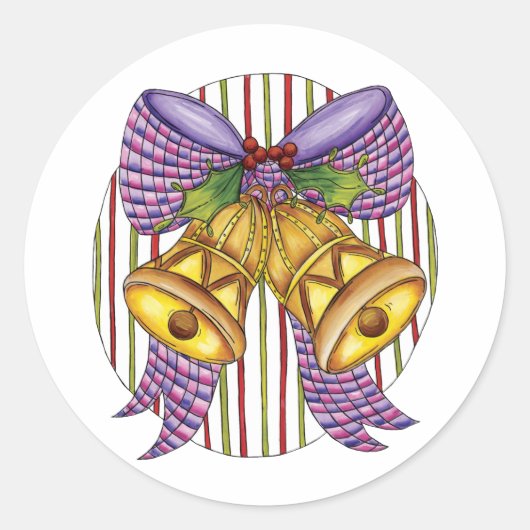 リボンとボウが付いたキュートなクリスマスジングルベル ラウンドシール (正面)