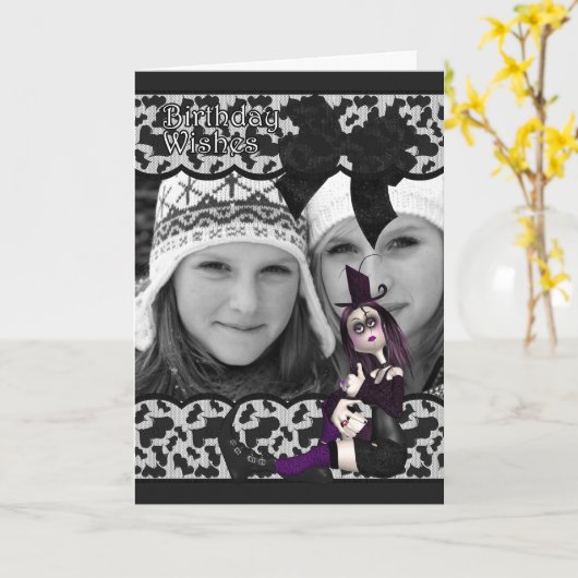 リボンとレースの入ったゴシックの誕生日写真カード –  カード (黄色い花)