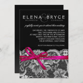 リボンとレースの結婚黒い暗い赤紫色 招待状 (正面/裏面)