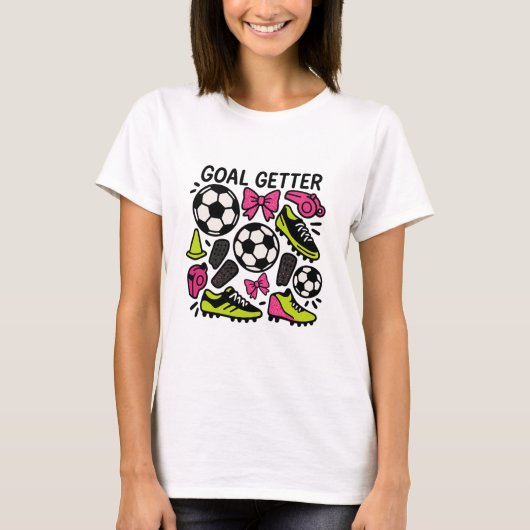 リボンと一緒にゴールを決める華やかなサッカー デザイン Tシャツ (正面)