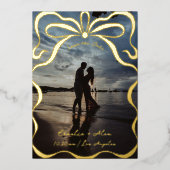 リボンと弓の写真のインク 箔招待状 (正面)