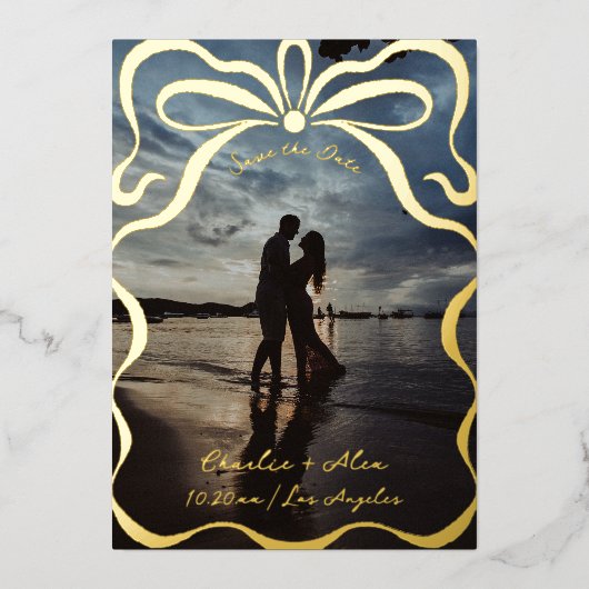 リボンと弓の写真のインク 箔招待状 (正面)