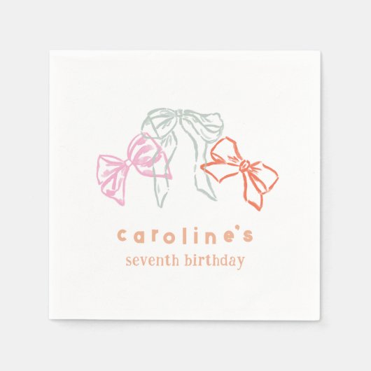 リボンと弓の水の色の女の子バースデーパーティー スタンダードカクテルナプキン (正面)