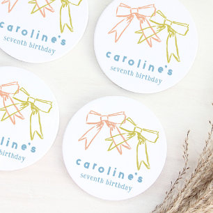 リボンと弓ガールズバースデーパーティーの水色 ラウンドペーパーコースター