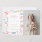 リボンと弓フォトガールズバースデーパーティー 招待状 (正面)