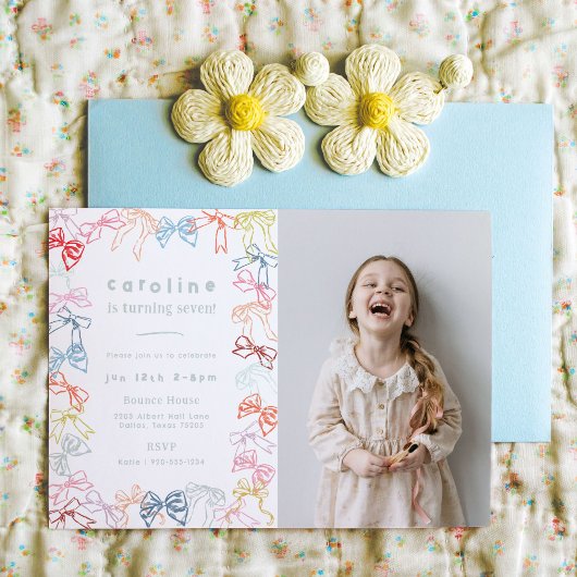 リボンと弓フォトガールズバースデーパーティー 招待状