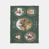 リボンと植物体のフレーム5フォトクリスマスグリーン フリースブランケット (正面)