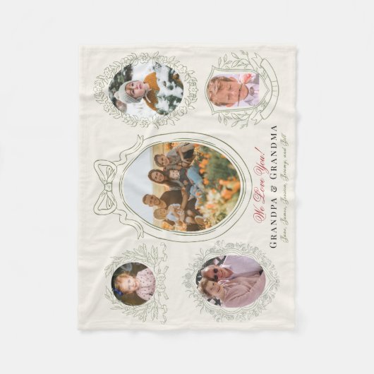 リボンと植物体のフレーム5 Photo祖父母 フリースブランケット (正面)