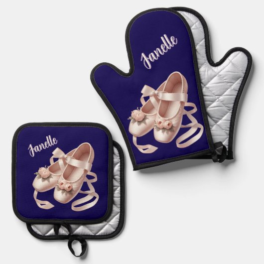 リボンと牡丹の装飾が施されたバレエスリッパ 鍋つかみ&鍋敷きセット (正面/裏面)