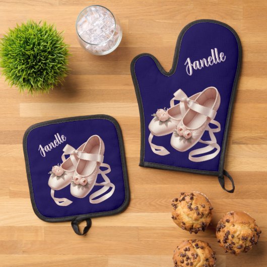 リボンと牡丹の装飾が施されたバレエスリッパ 鍋つかみ&鍋敷きセット (トップダウン)
