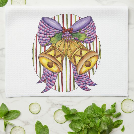 リボンと蝶結びが付いたかわいいクリスマスのジングルベル キッチンタオル (折り畳み)