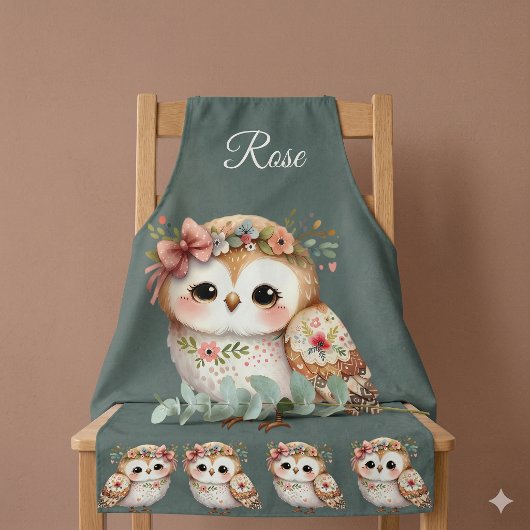リボンのついたかわいい花のフクロウ エプロン