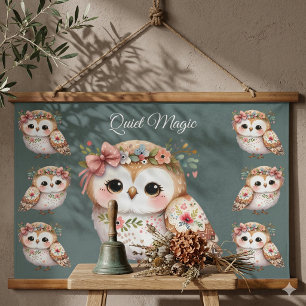リボンのついたかわいい花のフクロウ 吊り下げ型タペストリー